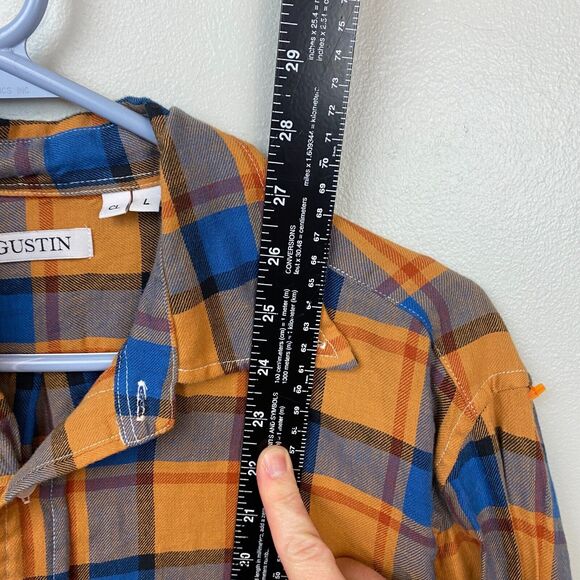 Gustin Shirt Mens L Orange Long Sleeve Button Flannel Plaid CL Missing Button - Picture 11 of 13